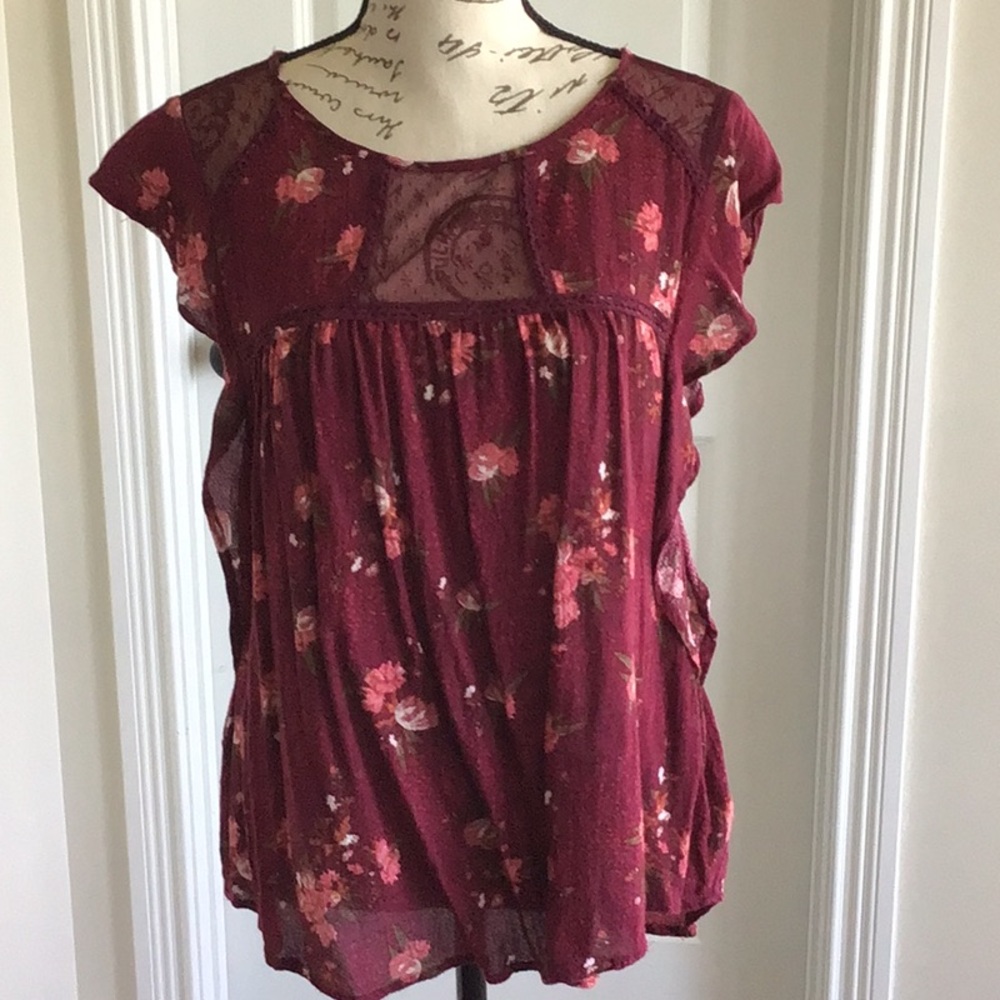 Rewind floral maroon burgundy top Blouse ruffled sleeve keyhole mesh inlay Sz L